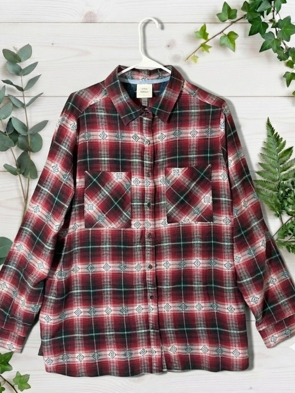 Knox Rose Plaid Flannel Top Red Shirt 2XL Long Sleeve Aztec Boho Fall Button Up